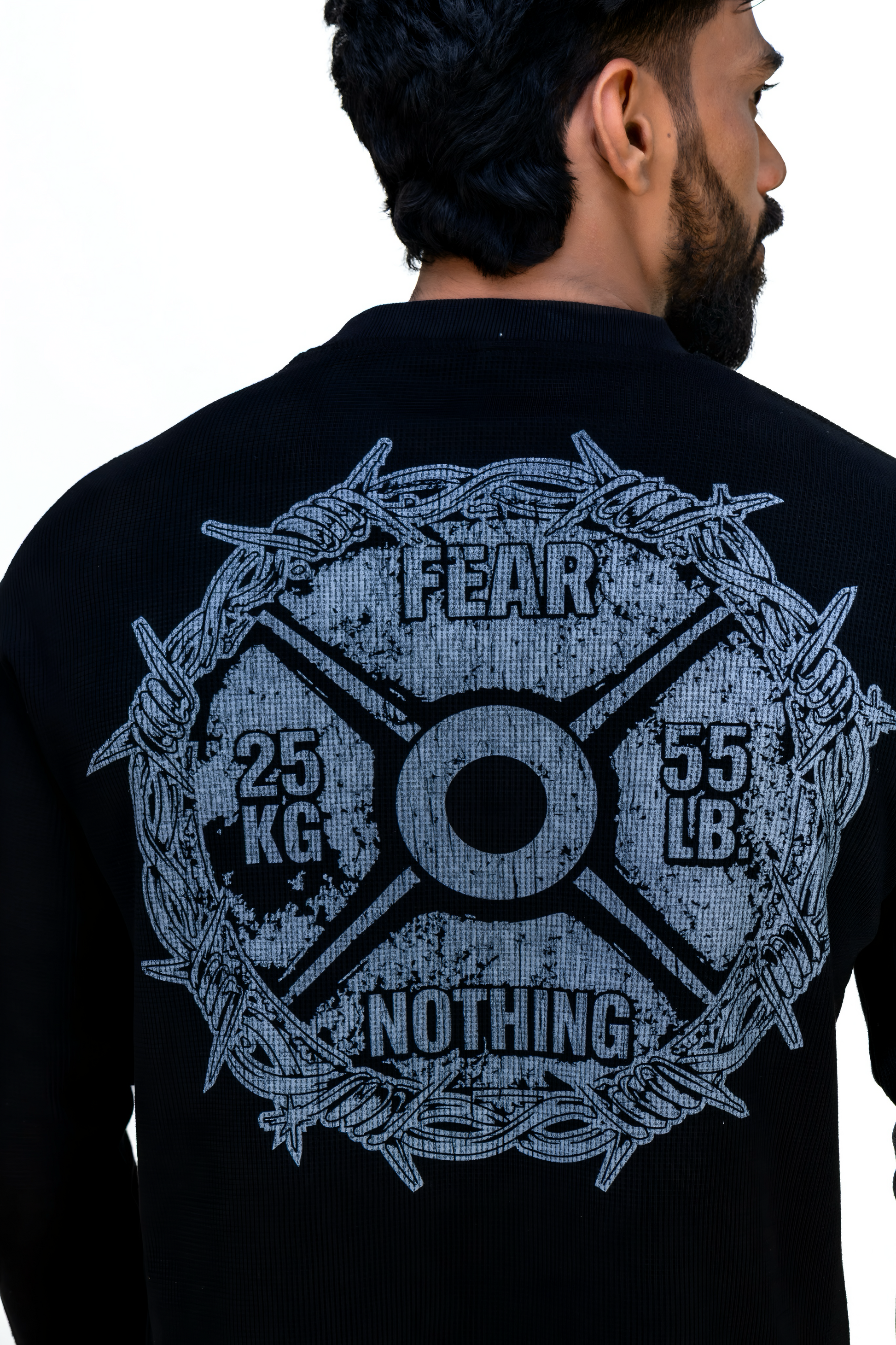 Black — Barbell Pain Waffle T-Shirt model back close up