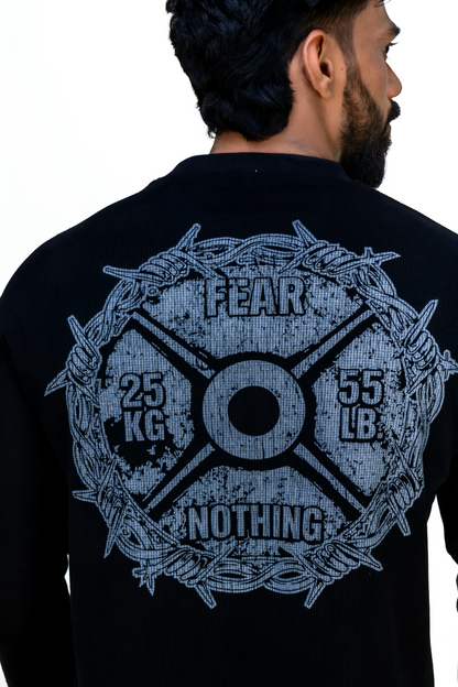 Black — Barbell Pain Waffle T-Shirt model back close up
