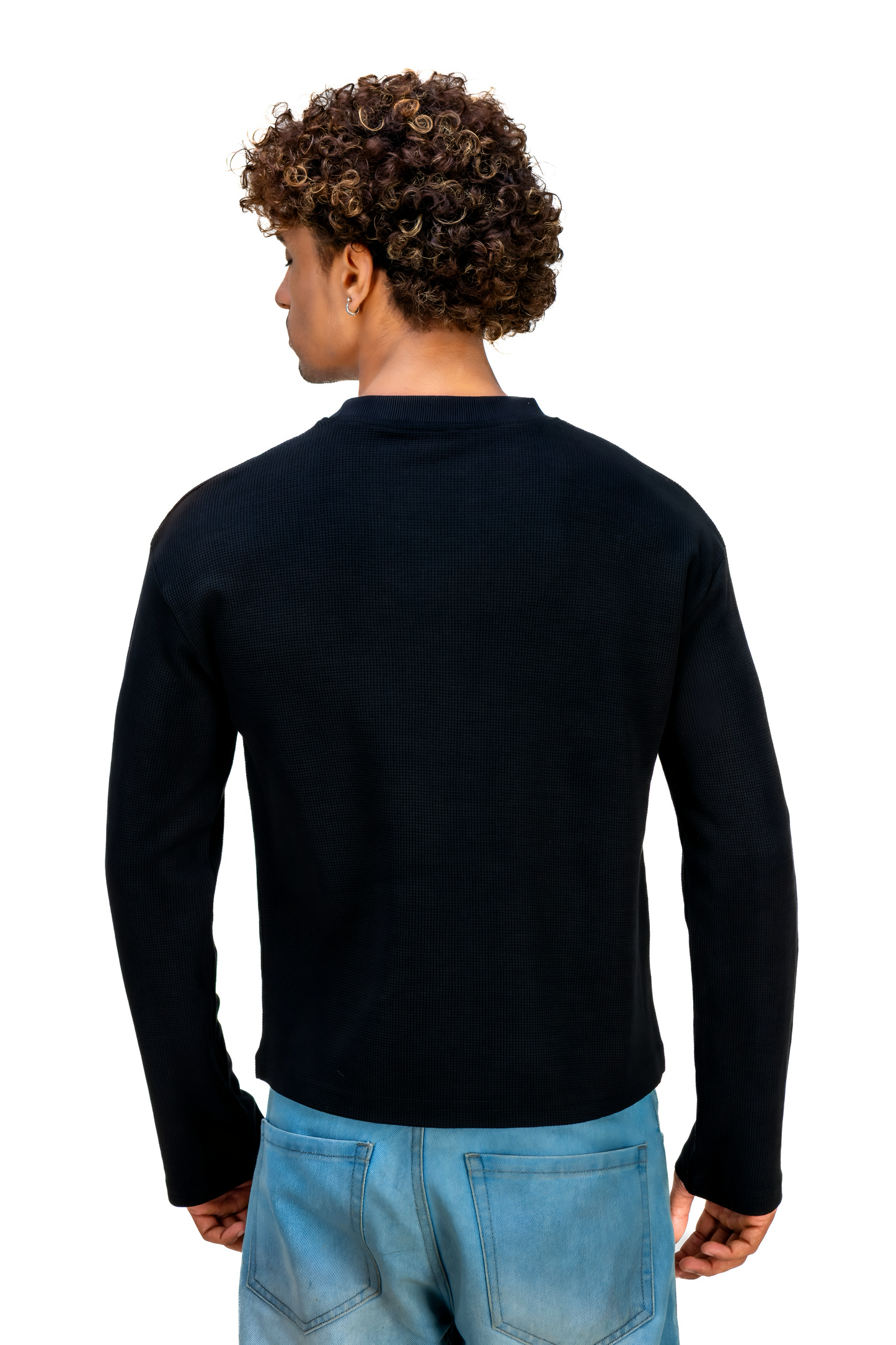 Black — Waffle T-Shirt model back, plain reverse